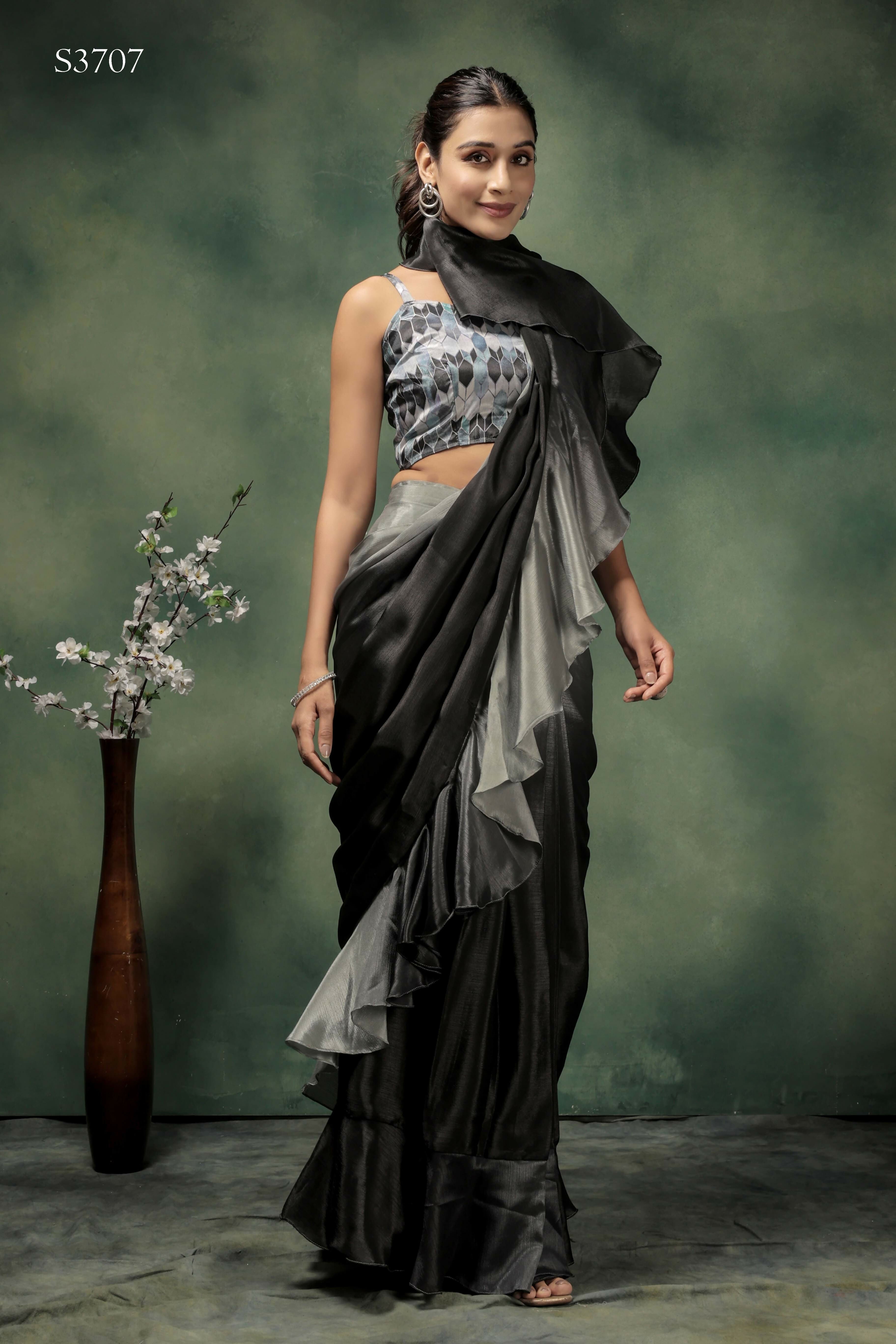 Grey Satin Solid Designer, Printed Party Wear Ready To Wear Saree - Nasreen