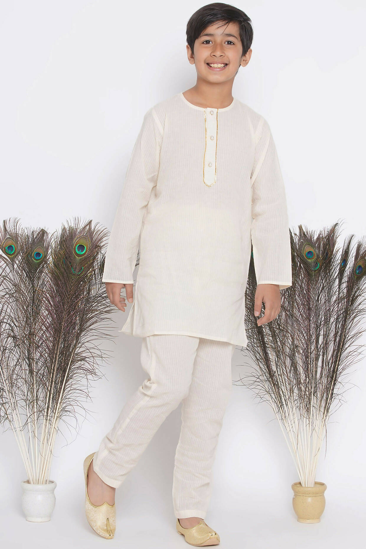 Little Bansi Banarsi Red Tulip Embroidery Jacket with Cotton Kantha kurta and Kantha Pyjama - Cream