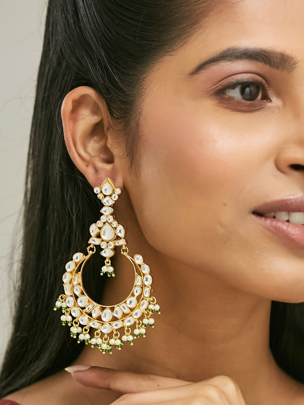 Nuyug 22K Gold-Plated Elegant Kundan Studded & Beaded Floral Chandbali Earrings - Distacart
