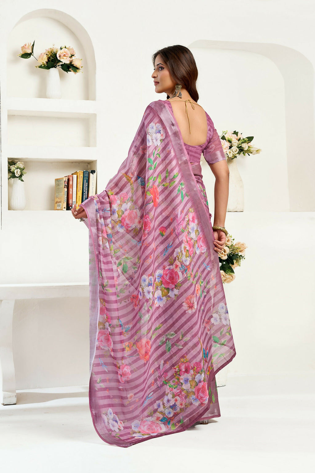 Joban Fashion Dusty Wine Floral & Striped Linen Ready To Wear Saree With Unstitched Blouse - Distacart