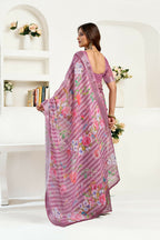 Joban Fashion Dusty Wine Floral & Striped Linen Ready To Wear Saree With Unstitched Blouse - Distacart