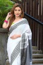 Beatitude White Cotton Jacquard Border Tangail Handloom Saree