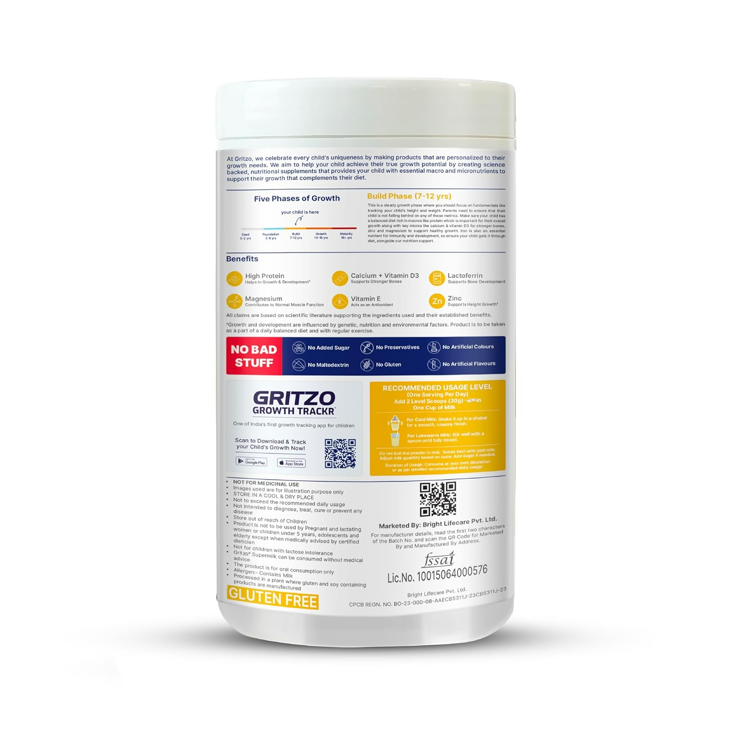 Gritzo SuperMilk Growth+ (Formerly Height+) Unsweetened Drink Mix (7-12y Boys), 10g Protein Powder (Creamy Vanilla)