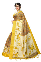 Vamika Multicolor & Yellow Kalamkari With Jhalar Khadi Silk Saree