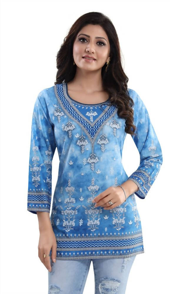 Snehal Creations Novelista Sky Blue Faux Crepe Printed Short Kurti Tunic