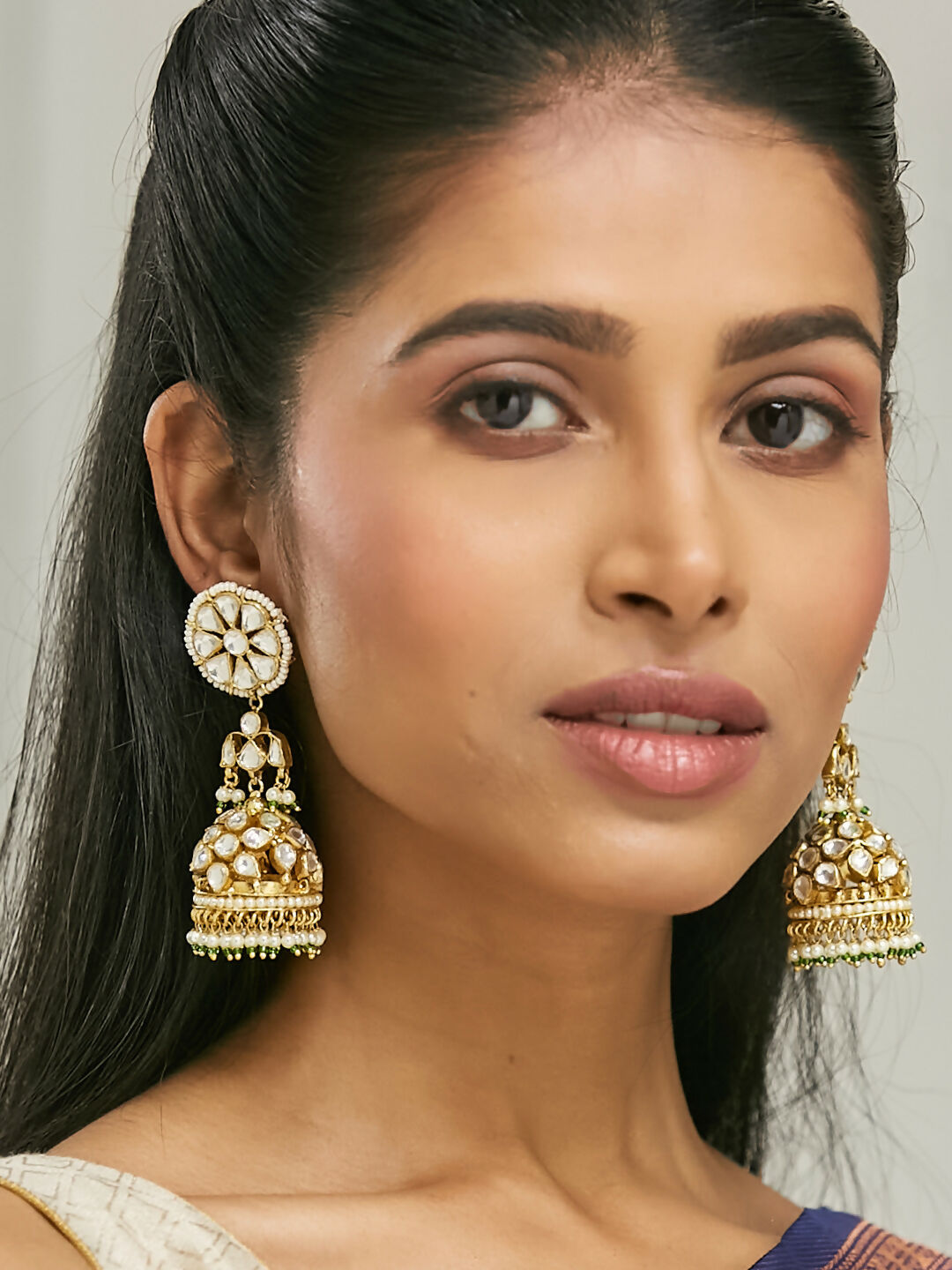 Nuyug 22K Gold-Plated Kundan Stone Studded & Pearl Beaded Dome Shaped Jhumkas - Distacart