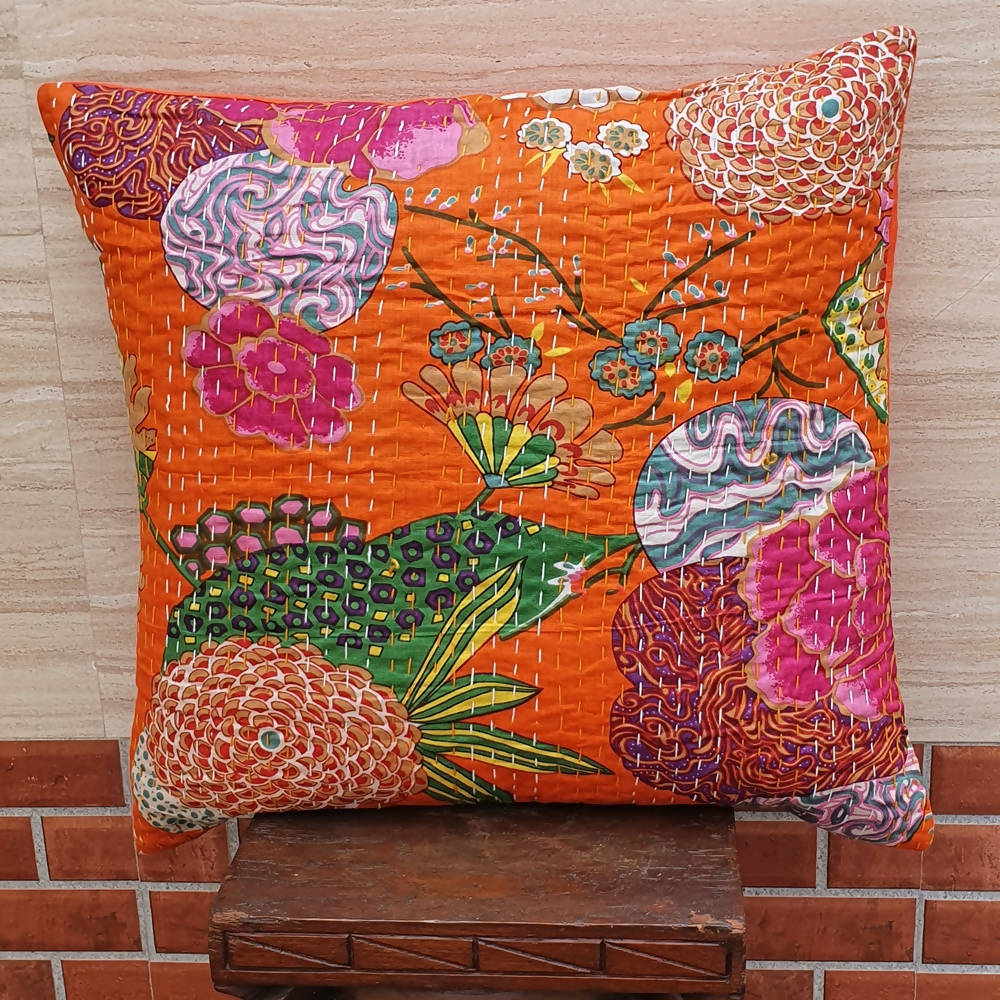 The Decor Nook Orange Base With Multicolour Flowers Print Cushion Cover