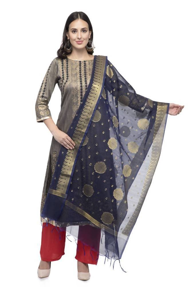 A R Silk Women's Vanarsi Silk Zari Border Embroidery Navy Blue Fancy Dupatta