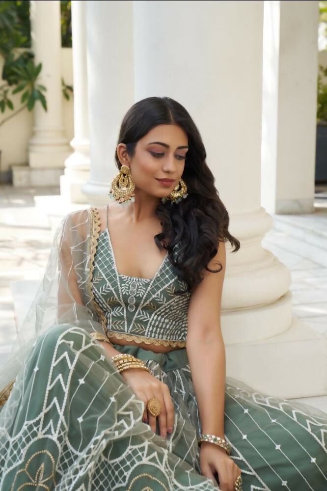 Aastha Fashion Dusty Green Butterfly Net White Cotton Thread Work And Sequence Work Embroidery Wedding Wear Lehenga Choli