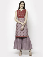 Myshka Multicolor Cotton Blend Printed Sleeveless Round Neck Kurta Palazzo Dupatta Set