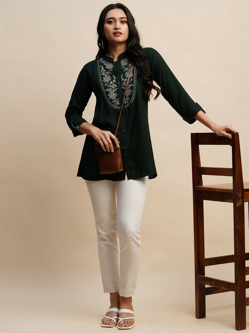 Dark Green Rayon Embroidered Top - Tarini