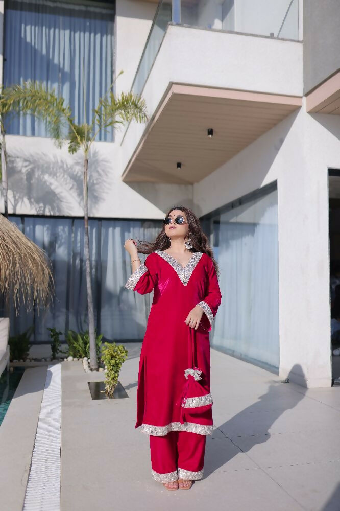 Joban Fashion Pink Kurta Set Velvet Sequins , Zari, Coding & Thread Embroidered work - Distacart