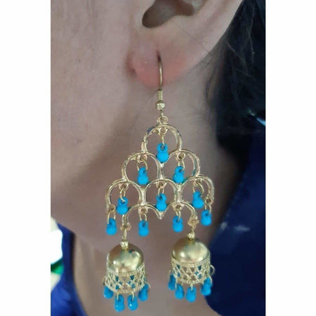 MS Fashion India Gold-Polished Fashion Traditional Double Jhumka Long Blue Pearls Earrings