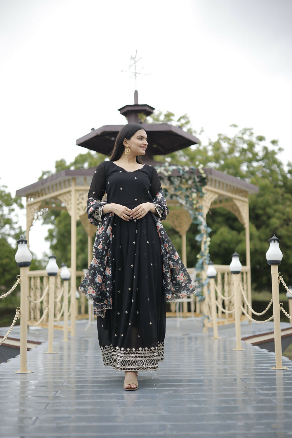 Aayaa Designer Embroidery Zari Sequins-Work Faux Blooming Georgette Suit - Black - Distacart