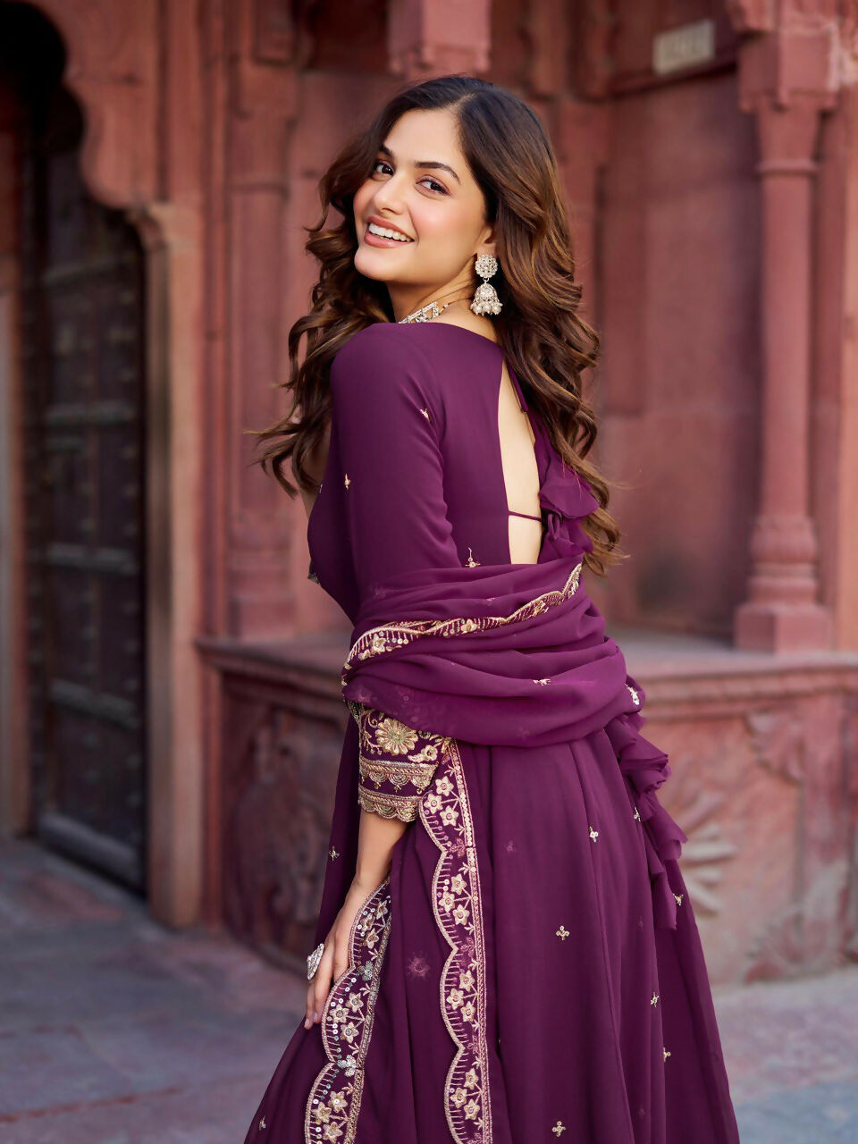 The52 Women's Beautiful Faux Georgette Fabric Embroidery Work Flared Anarkali Pant and Dupatta Set - Distacart