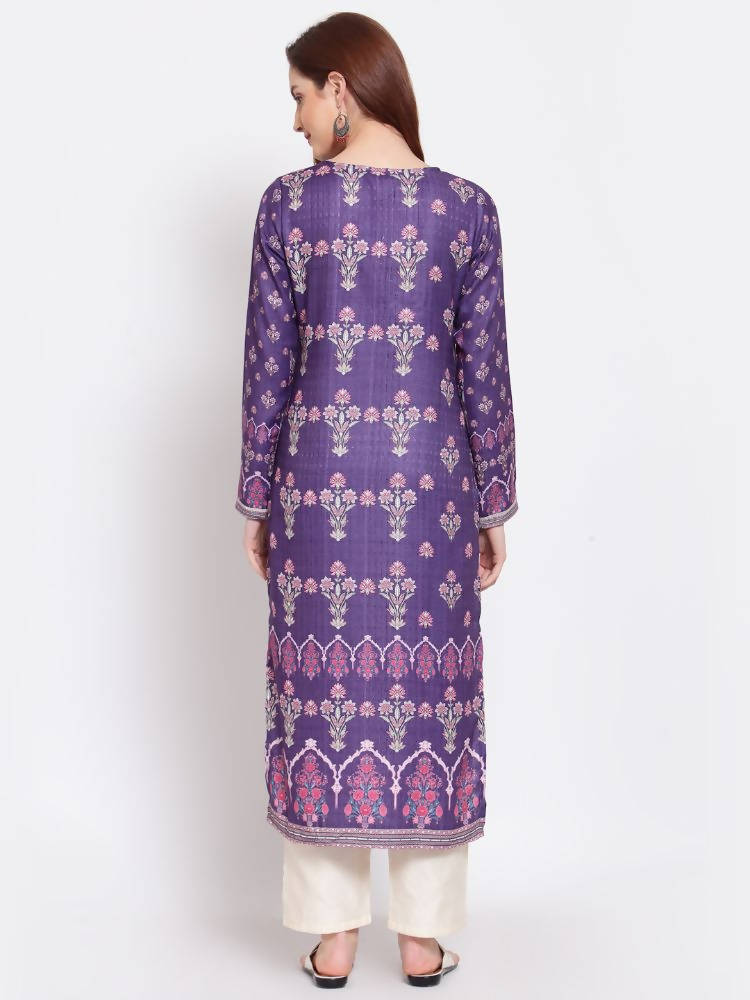 Myshka Women's Purple Printed Pashmeena Full Sleeve Round Neck Casual Kurta