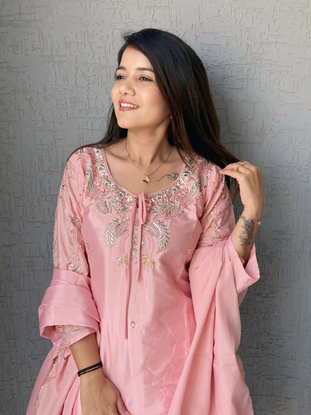 Anaita Baby Pink Crape Readymade Kurti Set with Beads Sequence Work - Distacart