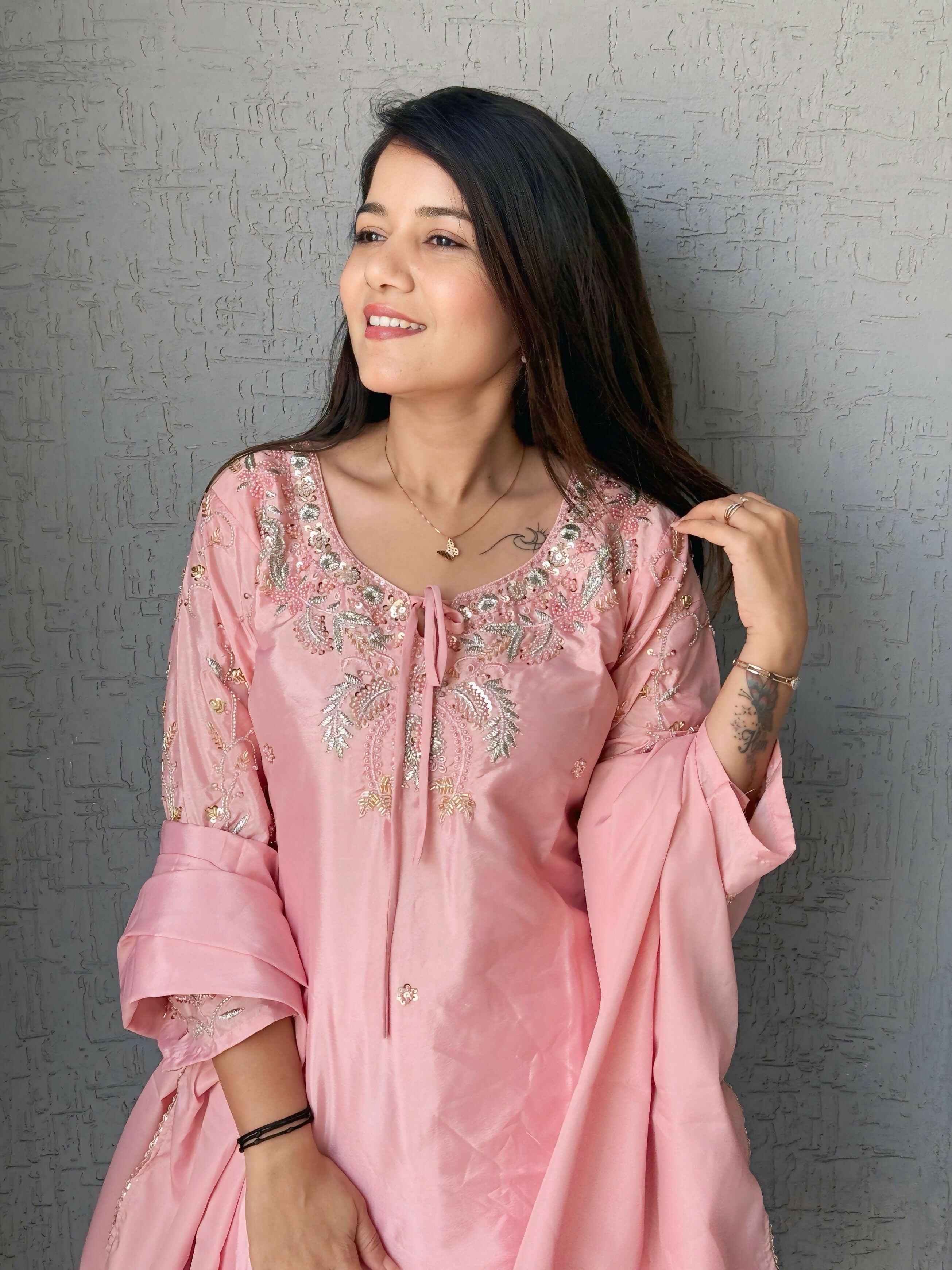 Anaita Baby Pink Crape Readymade Kurti Set with Beads Sequence Work - Distacart