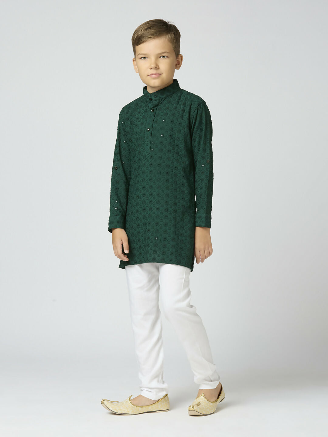Joban Fashion Kids Island Full Sleeves Cotton Kurta and Pyjama Set with Sequin work - Green - Distacart