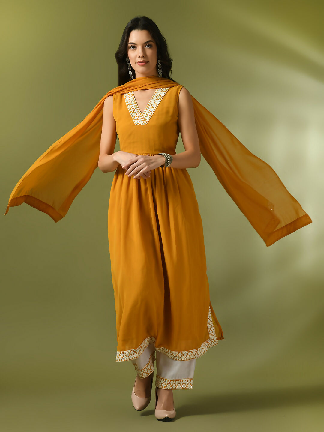 Myshka Women's Yellow Solid Georgette Anarkali Party Kurta Set With Dupatta