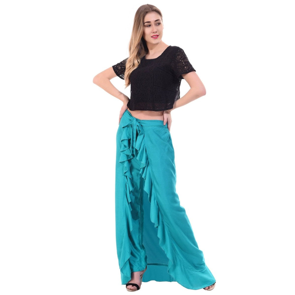 Asmaani Turquoise Color Plain Ruffle Palazzo