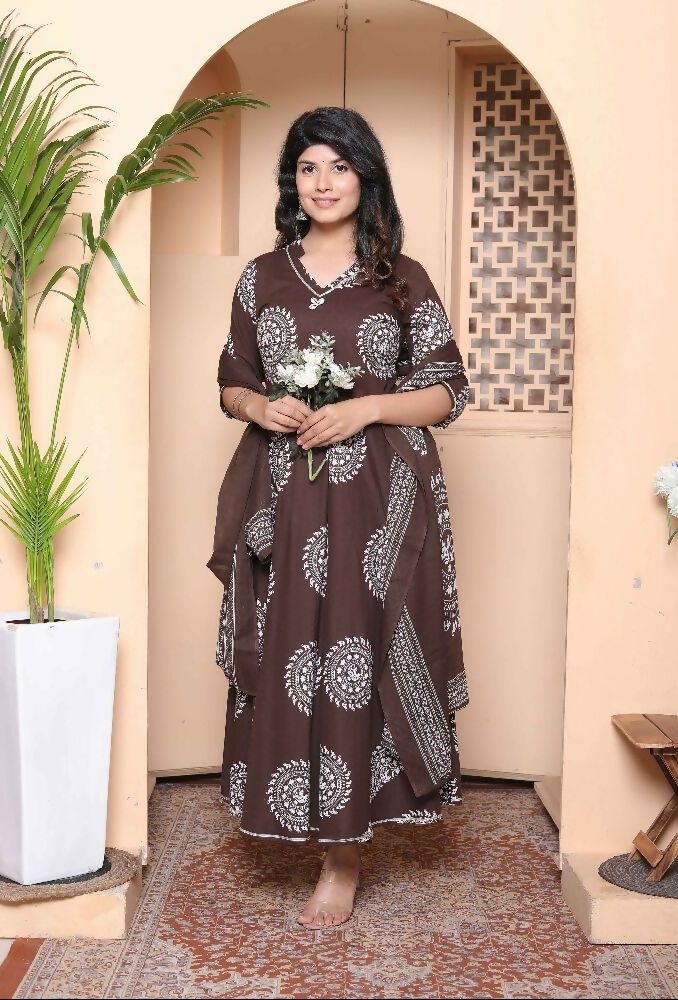 Miravan Womens Brown Animal Printed Anarkali Kurta With Dupatta Set - Distacart