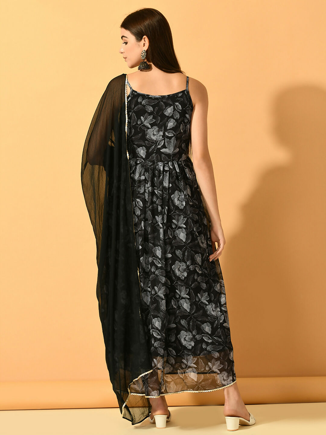 Myshka Women's Black Festive Flared Anarkali Kurta With Dupatta sets