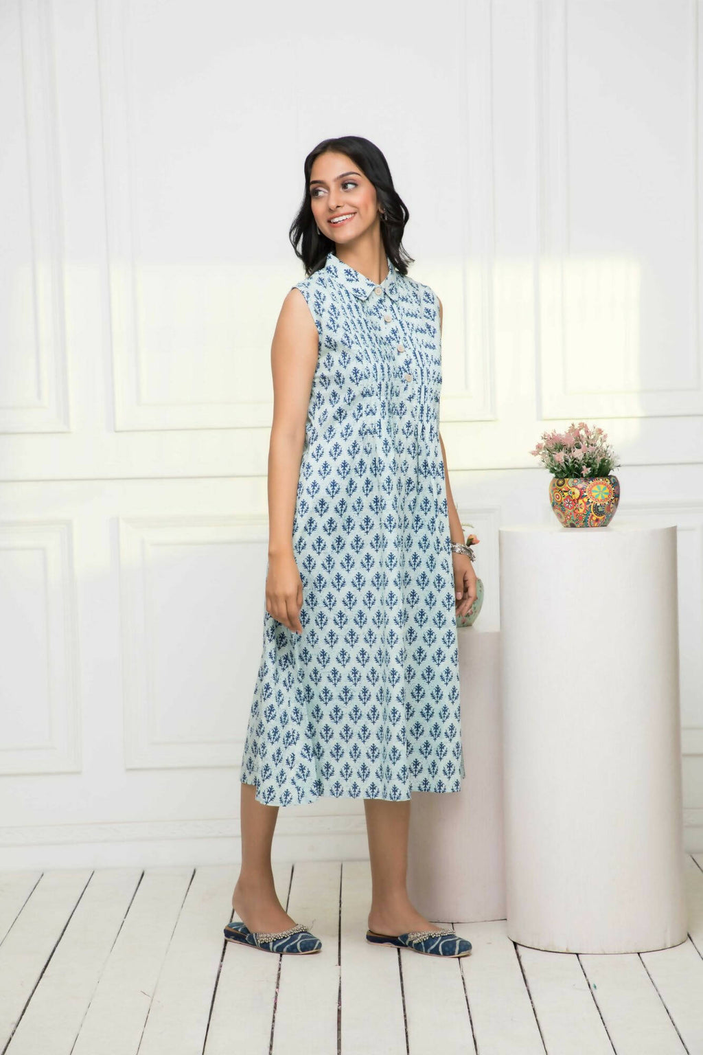 Myshka Women Blue Ethnic Motifs Cotton A-Line Mandarin Collar Dress - Distacart