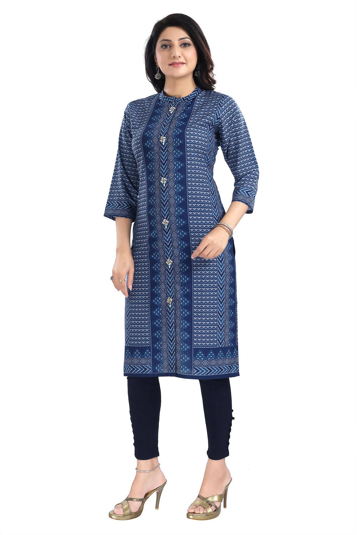 Snehal Creations Blue Designer Digital Print Cotton Slub Fabric Long Kurti Tunic - Distacart