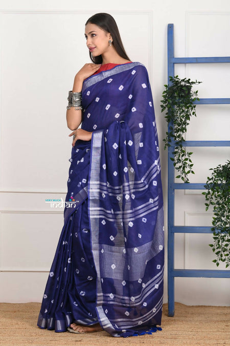 Very Much Indian Handmade Tie And Dye Cotton Saree By Women Weavers - Indigo Blue