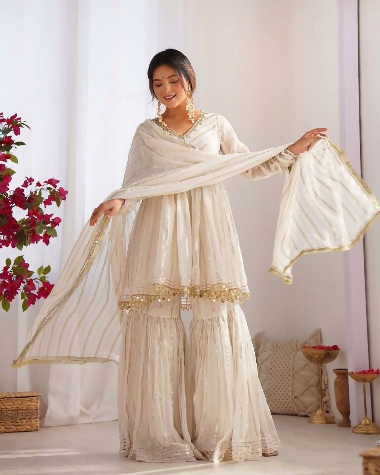 Teeya Creation White Color Mal Chanderi Silk Mirror Work And Hand Work Sharara set - Distacart