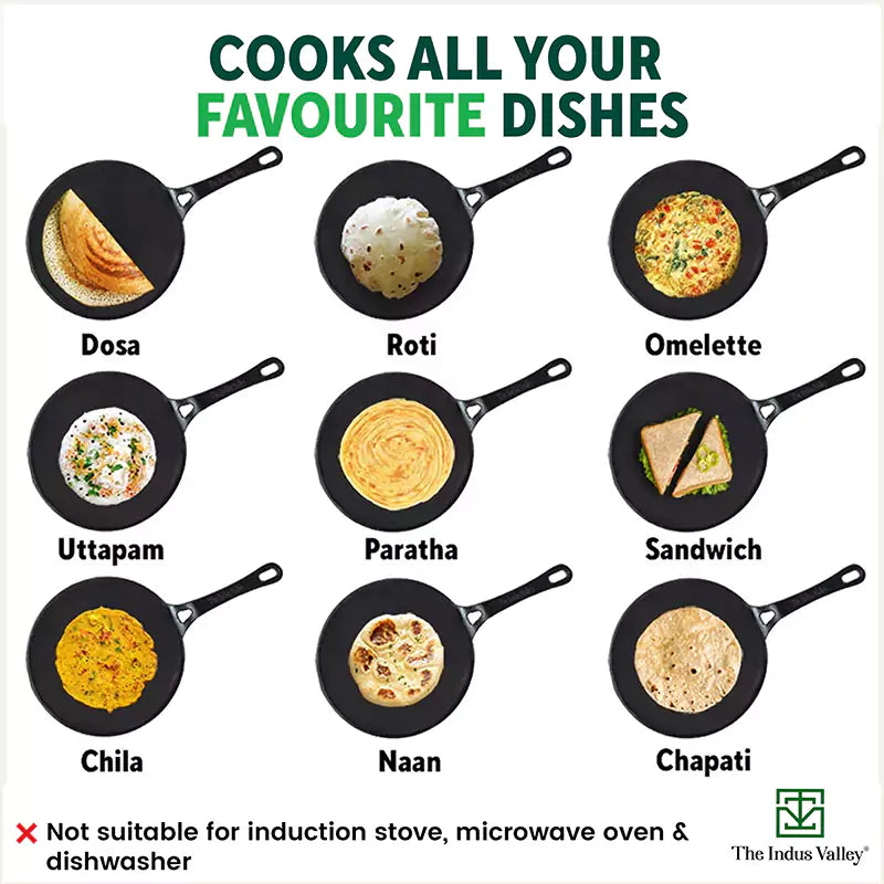 The Indus Valley CASTrong Cast Iron Concave Tawa, Pre-seasoned, Nonstick, 100% Pure, Toxin-free, Spatula, 25.4cm, 1.9kg