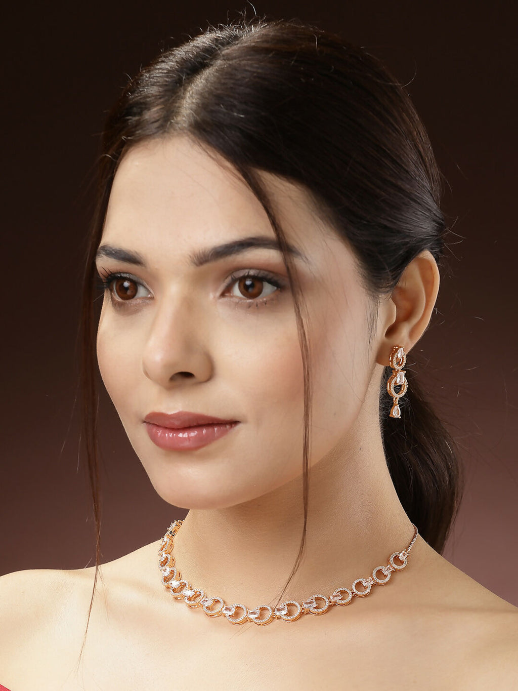 NVR Women's Gold-Polished American Diamond Studded Handcrafted Jewellery Set