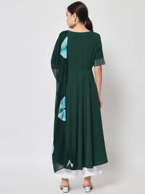 FIORRA Women's Bottle Green Poly Crepe Flared Kurta With Dupatta