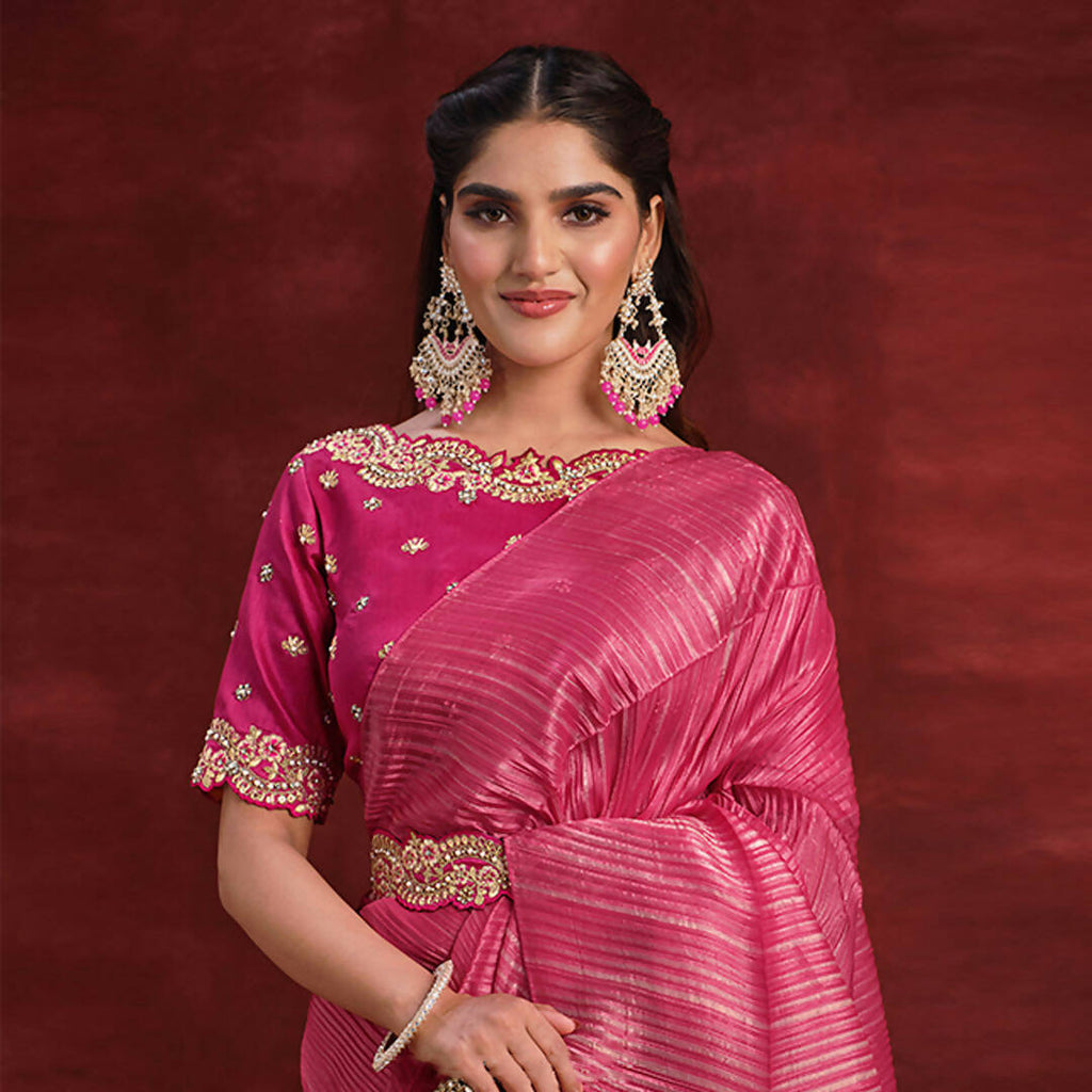 Pink & Beige Banarasi Crush Silk Sequence Thread & Stone Work/ Texture Pallu Saree - Mohmanthan Kimiya