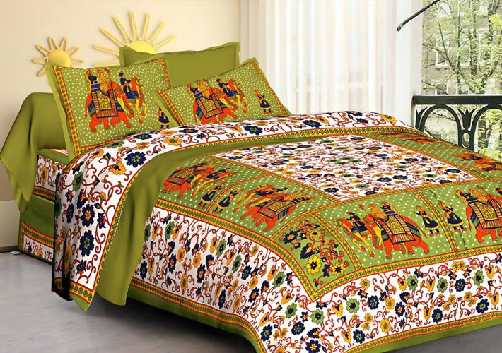 Vamika Printed Cotton Green Bedsheet With Pillow Covers (LEOC_HTHY_G)