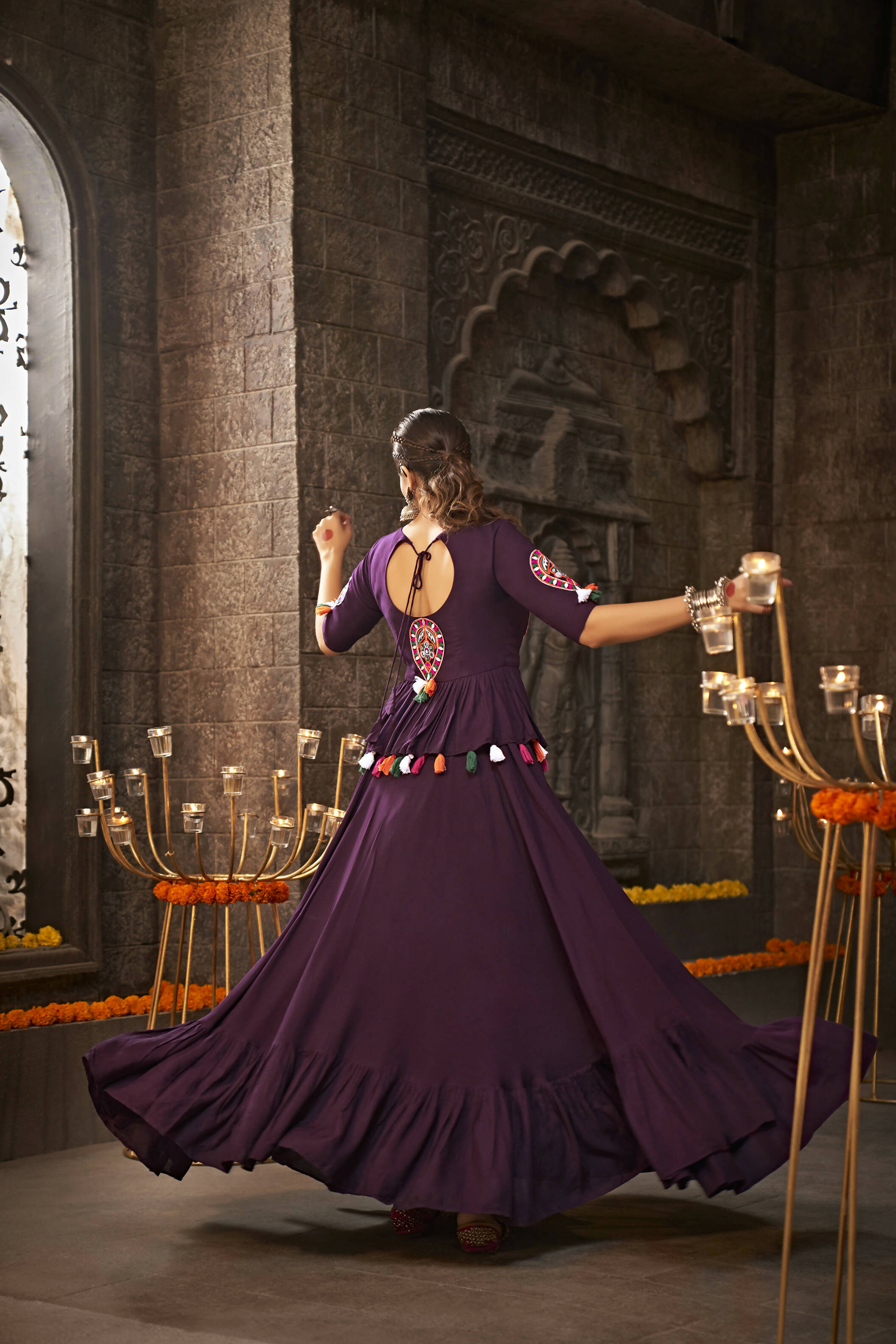 Purple Viscose Rayon Thread Embroidered Navratri Lehenga Choli with Dupatta - Raas