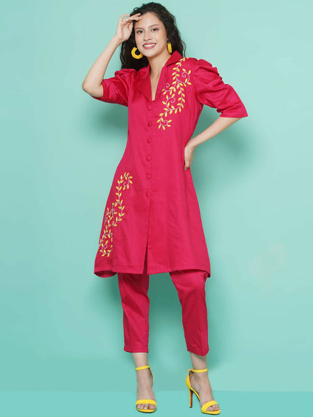 Women Republic Pink Cotton Silk Embroidered and Embellished Coord Set
