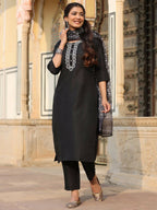 Juniper Women's Black Silk Solid Embroidered Kurta Set - Distacart