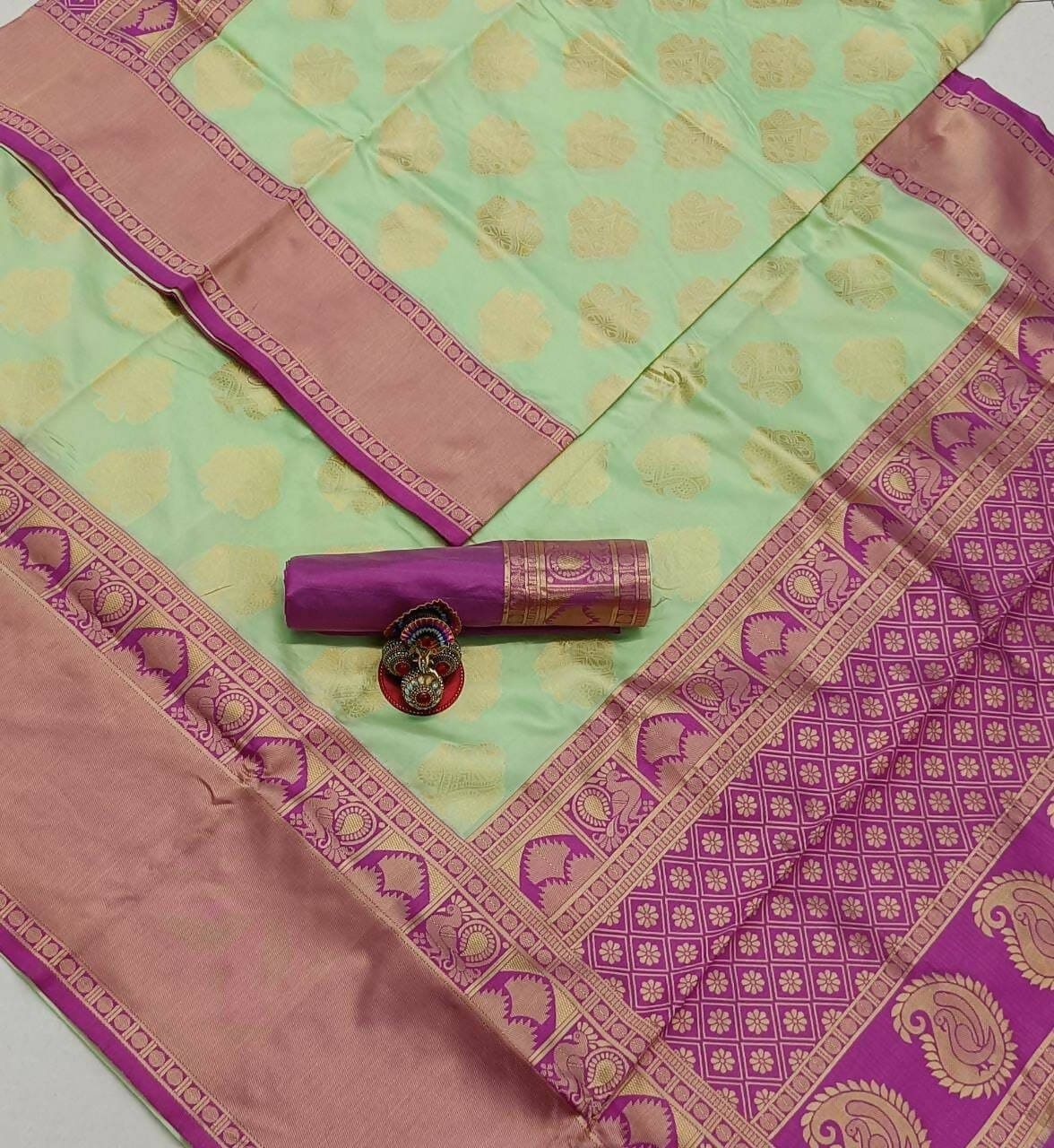 DEIANA'S Beautiful Designer Golden zari Soft Lichi Silk Saree - Pista