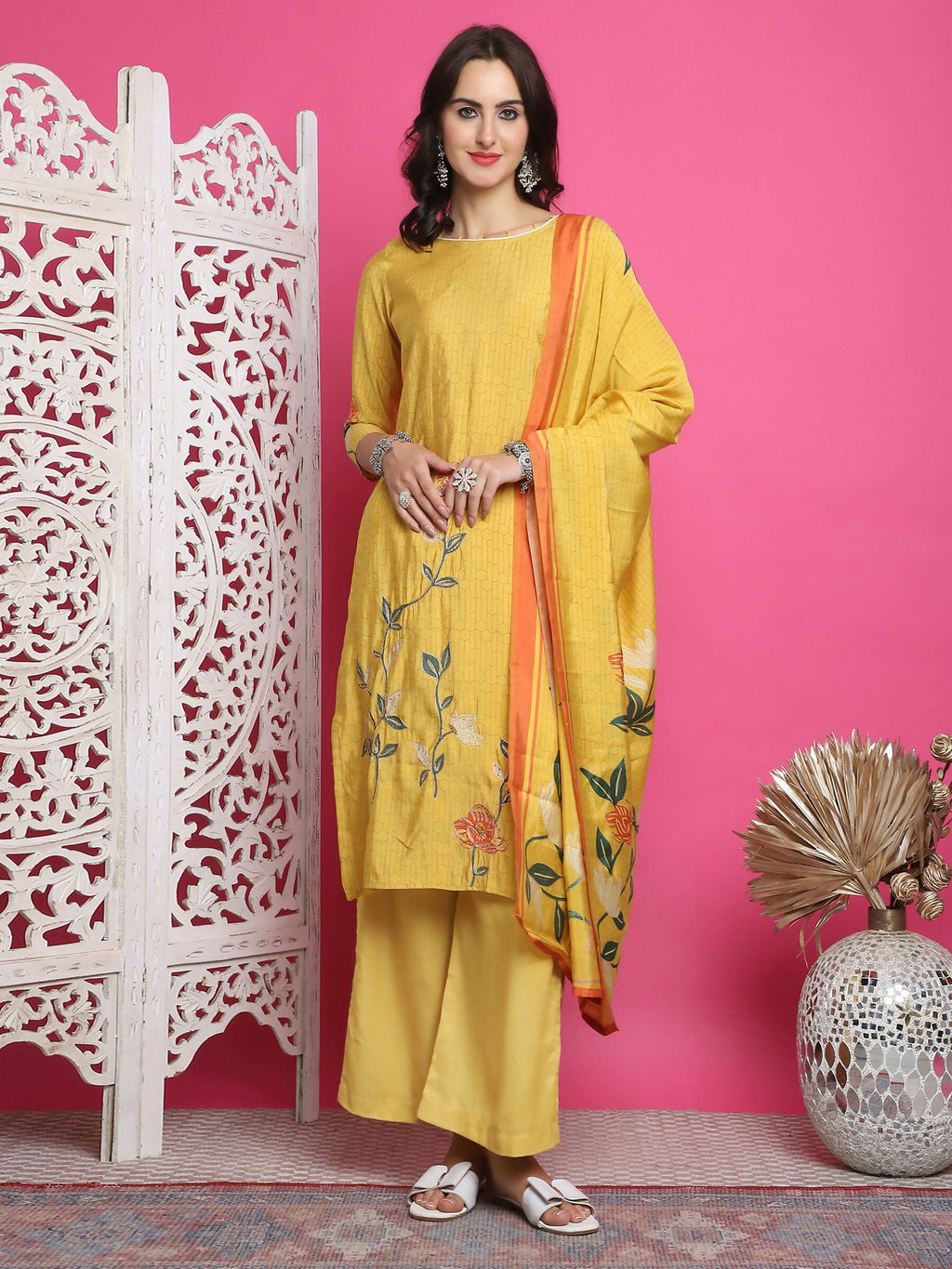 Jyoti Fashion Women's Yellow Muslin Floral Print with Jari & Crystal work Kurta with Trouser & Dupatta