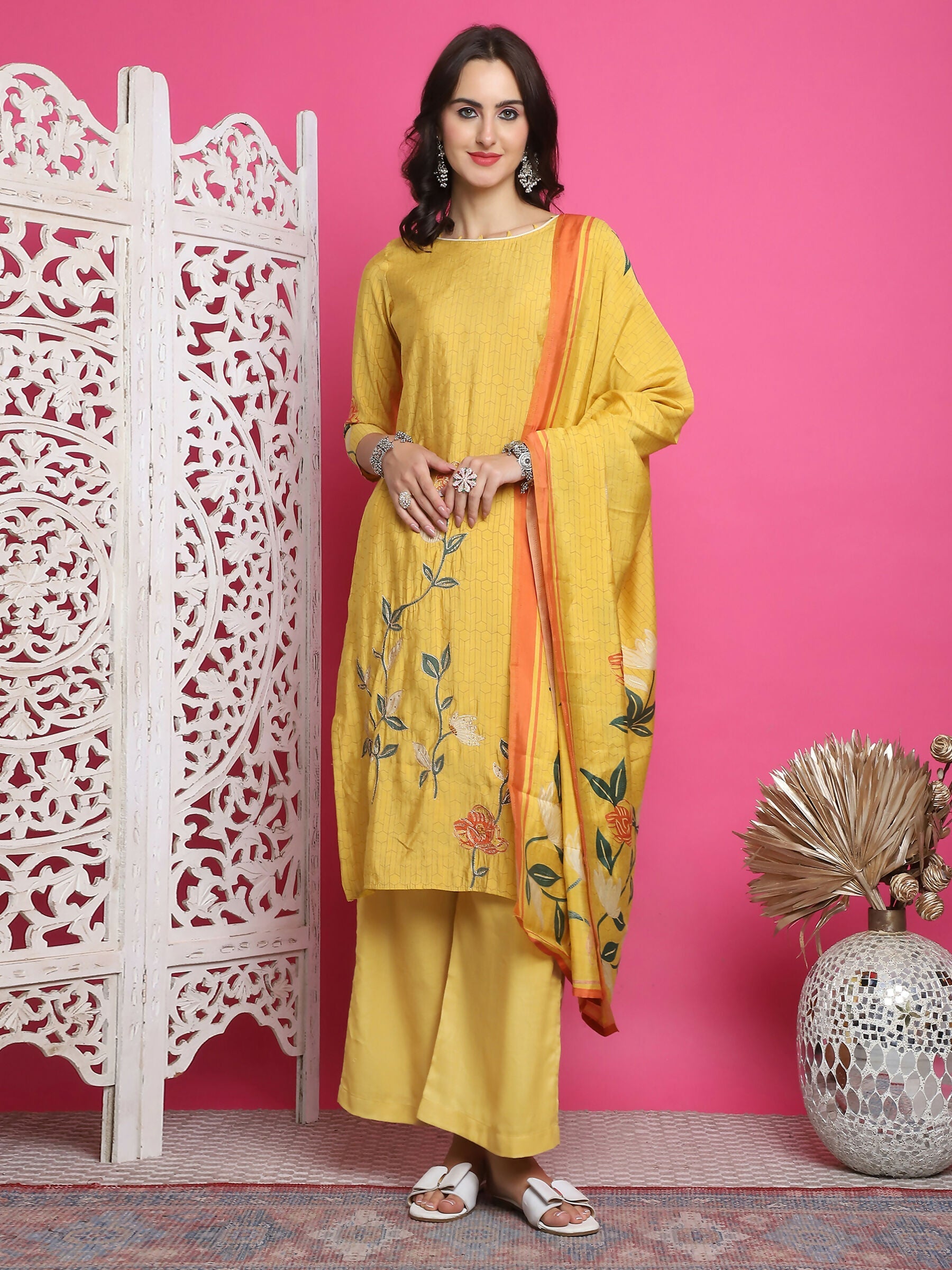 Jyoti Fashion Women's Yellow Muslin Floral Print with Jari & Crystal work Kurta with Trouser & Dupatta