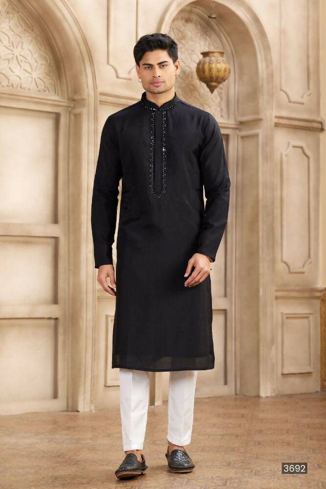 Raivat Ethnic Banarasi Art Silk Mirror Work Kurta Pajama In Black Colour