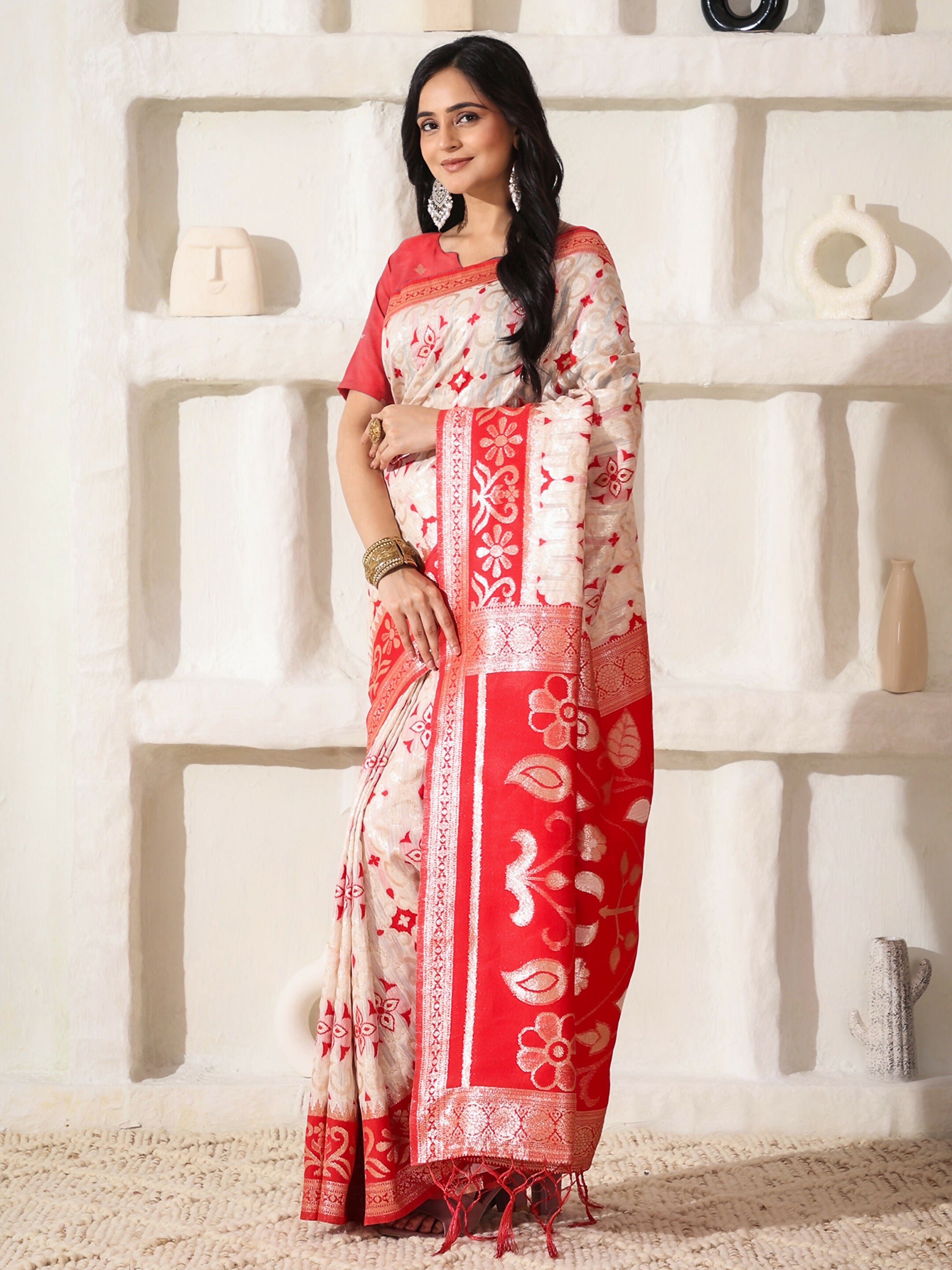 Shree Shyam Fashion Linen Cotton Red & White Saree - Distacart