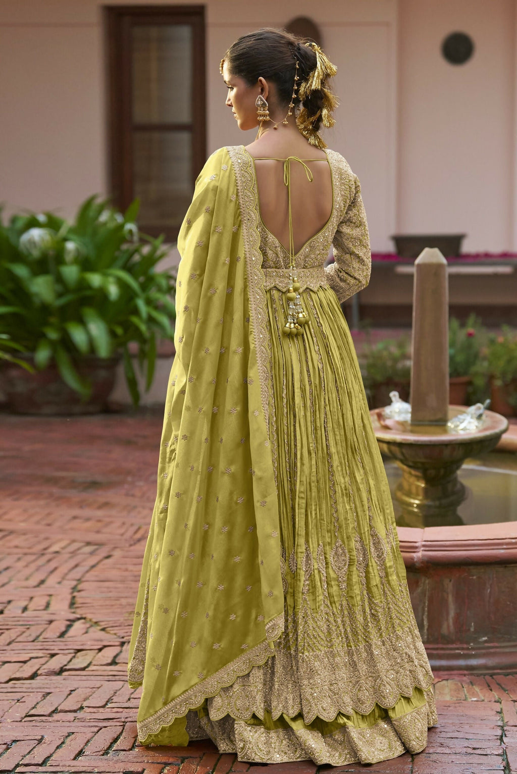 Anaita Olive Chinon Silk Stitched Anarkali Suit With Embroidered & Sequined Work - Distacart