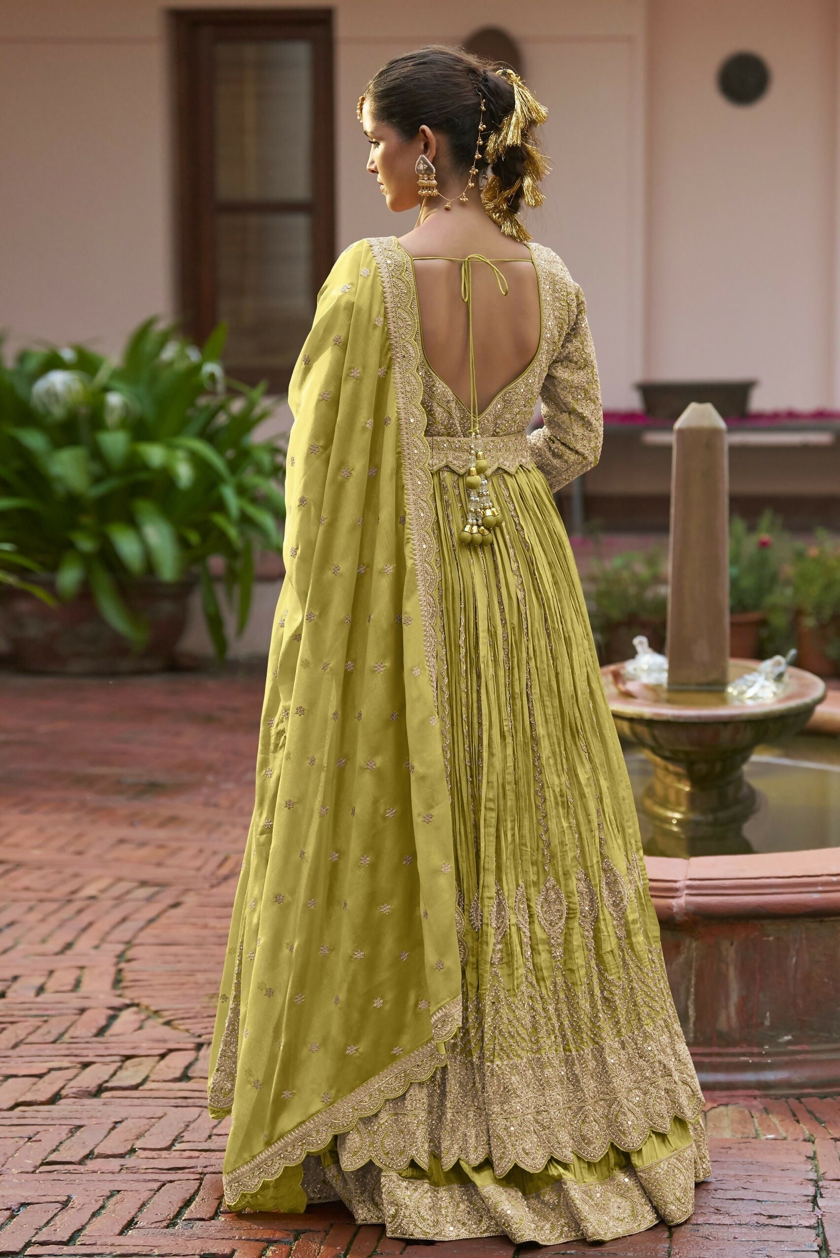 Anaita Olive Chinon Silk Stitched Anarkali Suit With Embroidered & Sequined Work - Distacart