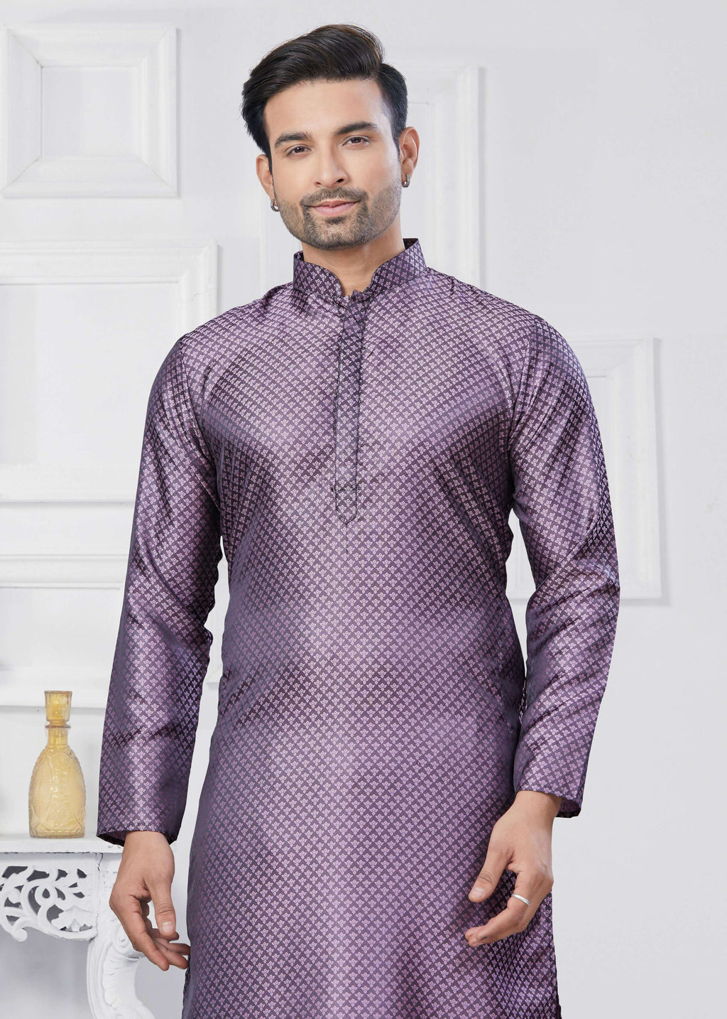 Joban Fashion Men's Jacquard Silk Purple Printed Kurta Pyjama set