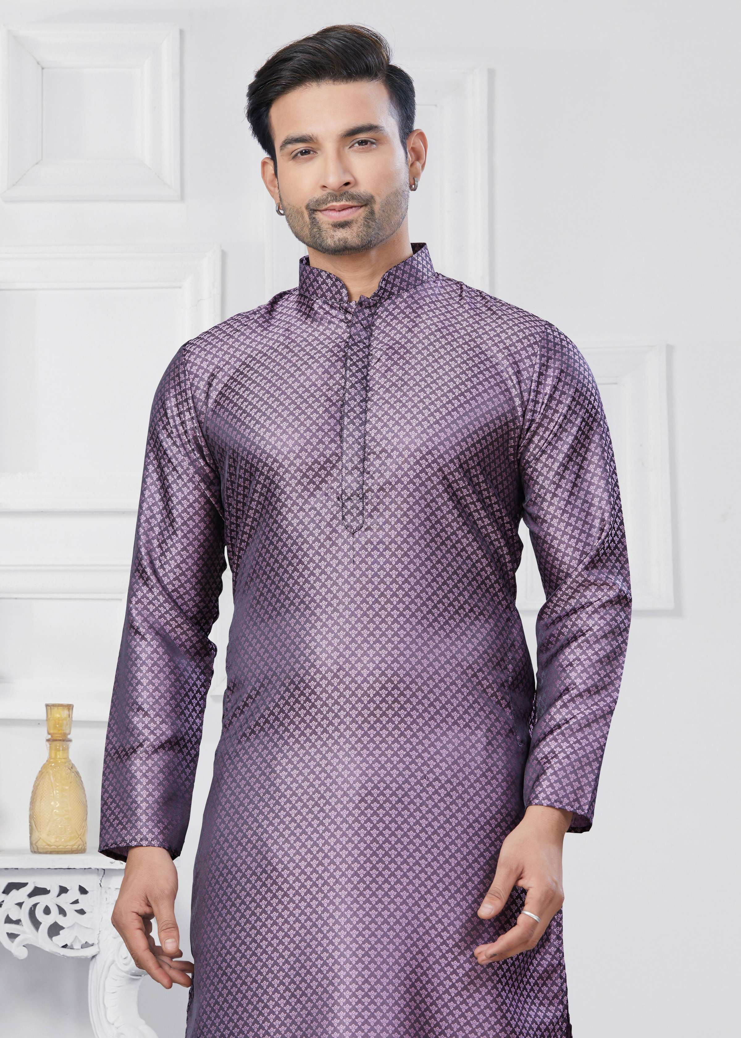 Joban Fashion Men's Jacquard Silk Purple Printed Kurta Pyjama set