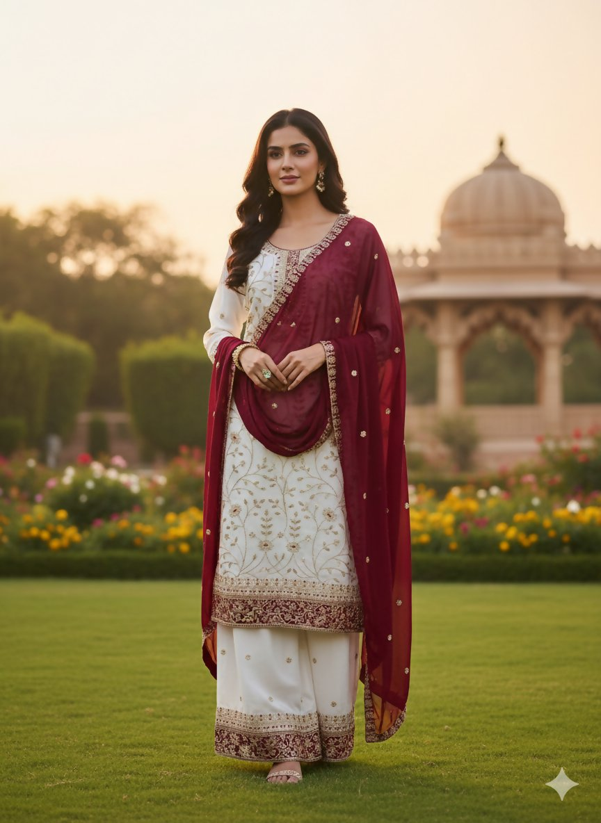 Teeya Creation White Color Faux Georgette Embroidery Work Long Party Wear Palazzo Suit - Distacart