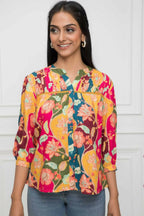 Myshka Women Multi Floral Mandarin Collar Regular Sleeves Viscose Rayon Top - Distacart